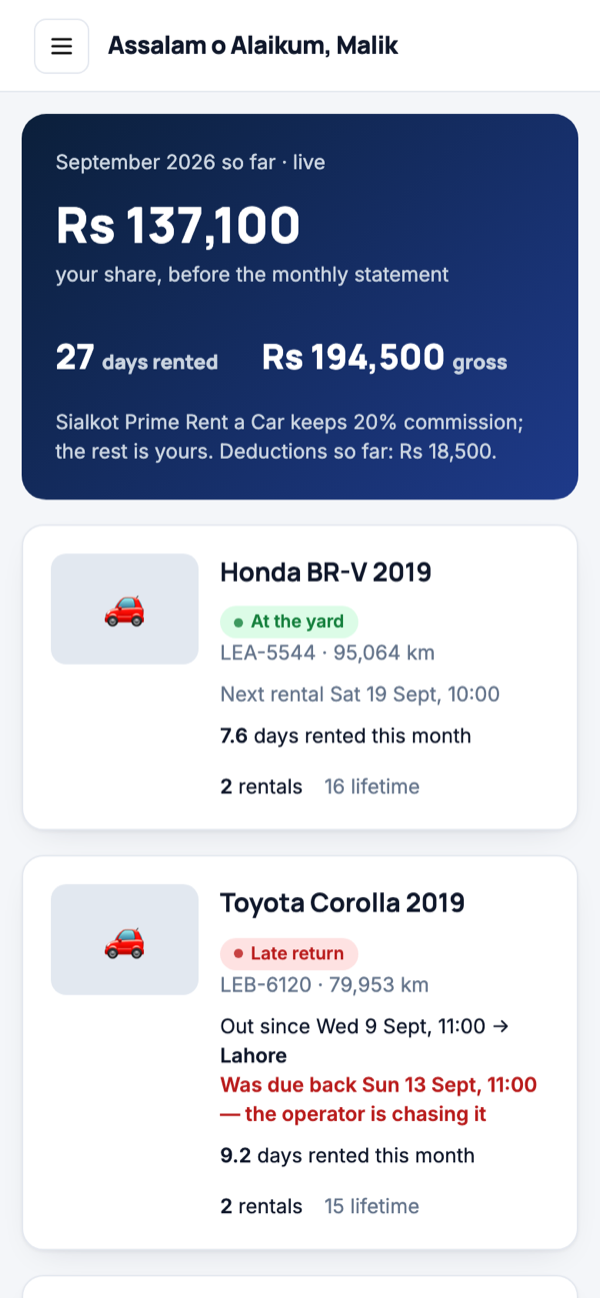 The car owner's portal on a phone: days rented this month, money earned, each car's live status